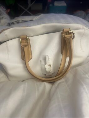 Cream Satchel with Tan Handles and Gold Hardware
